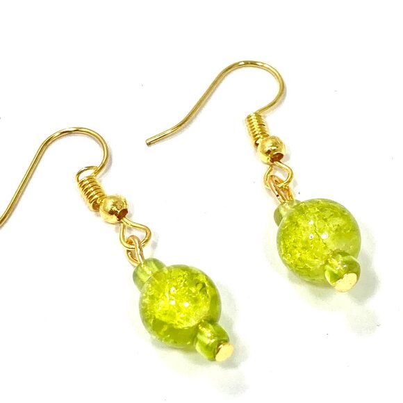 Murano Style Art Glass Bead Earrings Lime Green Gold Plated Crackled Glass Balls - Picture 4 of 8